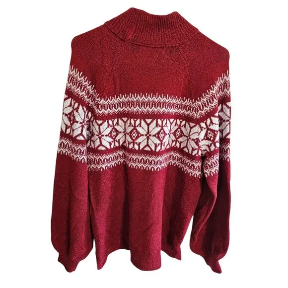 Abercrombie & Fitch Women’s Large Red Fair Isle Mock Neck Knit Sweater Preppy - Picture 3 of 7